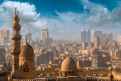 View From above view of the Mosques of Sultan Hassan and Al-Rifai in Cairo.